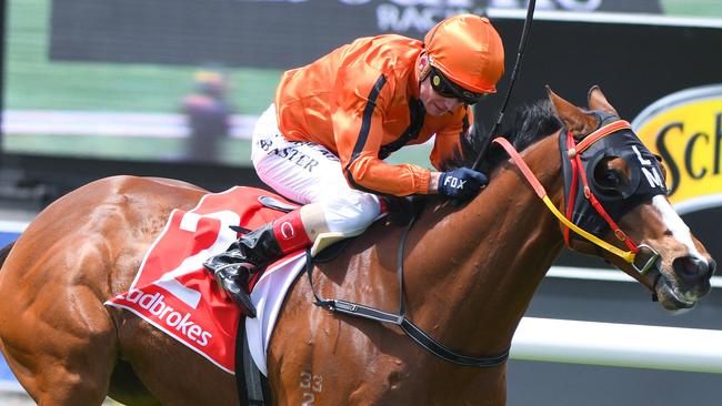 Jockey Stephen Baster rides Gold Fields to victory in the Sandown Stakes. Picture: AAP