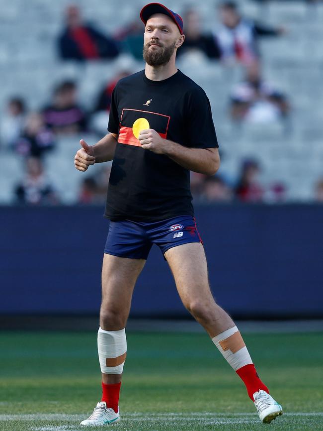 Max Gawn played with strapping on both legs. Picture: Michael Willson/AFL Photos via Getty Images