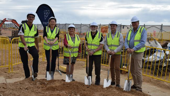 Keppel Bay Sailing commodore Francois Gallais, Capricorn Enterprise chief executive officer Mary Carroll, Capricornia MP Michelle Landry, Keith Stover, Craig Hornagold and Keppel Bay Sailing Club general manager Mal Cochrane at the sod turn of the new Keppel Bay Sailing Club redevelopment. Picture: Aden Stokes