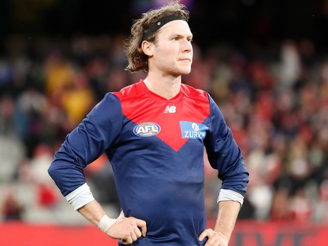 MELBOURNE, AUSTRALIA - JUNE 04: Ed Langdon of the Demons looks dejected after a loss during the 2022 AFL Round 12 match between the Melbourne Demons and the Sydney Swans at the Melbourne Cricket Ground on June 04, 2022 in Melbourne, Australia. (Photo by Michael Willson/AFL Photos via Getty Images)