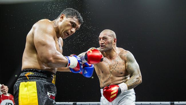 In his first professional fight since walking away from rugby league, Tevita Pangai Jr has gone the distance with Frank Amato, stealing the show in an incredible fight. Picture: Supplied