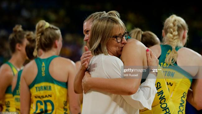 Lisa Alexander hugs Caitlin Thwaites of the Diamonds in October last year. Picture: Will Russell/Getty Images