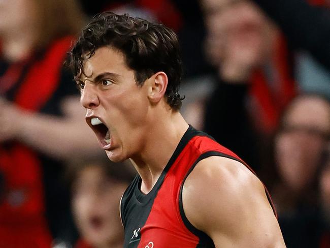 MELBOURNE, AUSTRALIA - AUGUST 10: Jye Caldwell of the Bombers celebrates a goal during the 2024 AFL Round 22 match between the Essendon Bombers and the Gold Coast SUNS at Marvel Stadium on August 10, 2024 in Melbourne, Australia. (Photo by Michael Willson/AFL Photos via Getty Images)