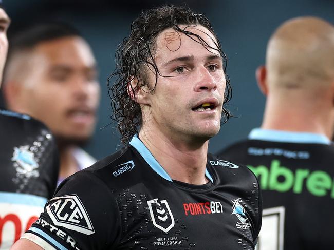 SYDNEY, AUSTRALIA - JUNE 28:  Nicho Hynes of the Sharks reactsduring the round 17 NRL match between Canterbury Bulldogs and Cronulla Sharks at Accor Stadium on June 28, 2024, in Sydney, Australia. (Photo by Cameron Spencer/Getty Images)