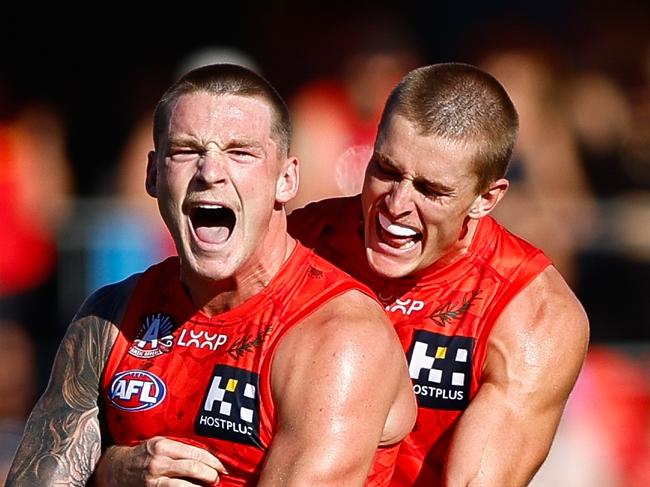 GOLD COAST, AUSTRALIA - APRIL 27: Bailey Humphrey of the Suns celebrates a goal during the 2025 AFL Round 07 match between the Gold Coast Suns and the Sydney Swans at People First Stadium on April 27, 2025 in the Gold Coast, Australia. (Photo by Russell Freeman/AFL Photos via Getty Images)