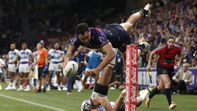 Xavier Coates scored the try of the season to help the Storm snatch a thrilling win over the Warriors. Picture: Daniel Pockett/Getty Images