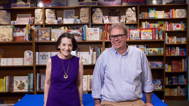 Publisher Cathy Goldsmith with author and illustrator Andrew Joyner at the book launch for Dr Seuss's Horse Museum, at Books of Wonder New York.