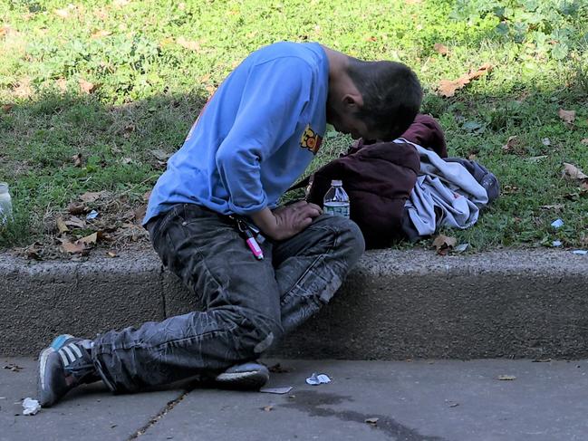 PHILADELPHIA, PA - NOVEMBER 9: Homeless man are seen on streets of the Kensington neighborhood as homelessness and drug addiction hit Philadelphia in Pennsylvania, United States on November 9, 2021. (Photo by Tayfun Coskun/Anadolu Agency via Getty Images)