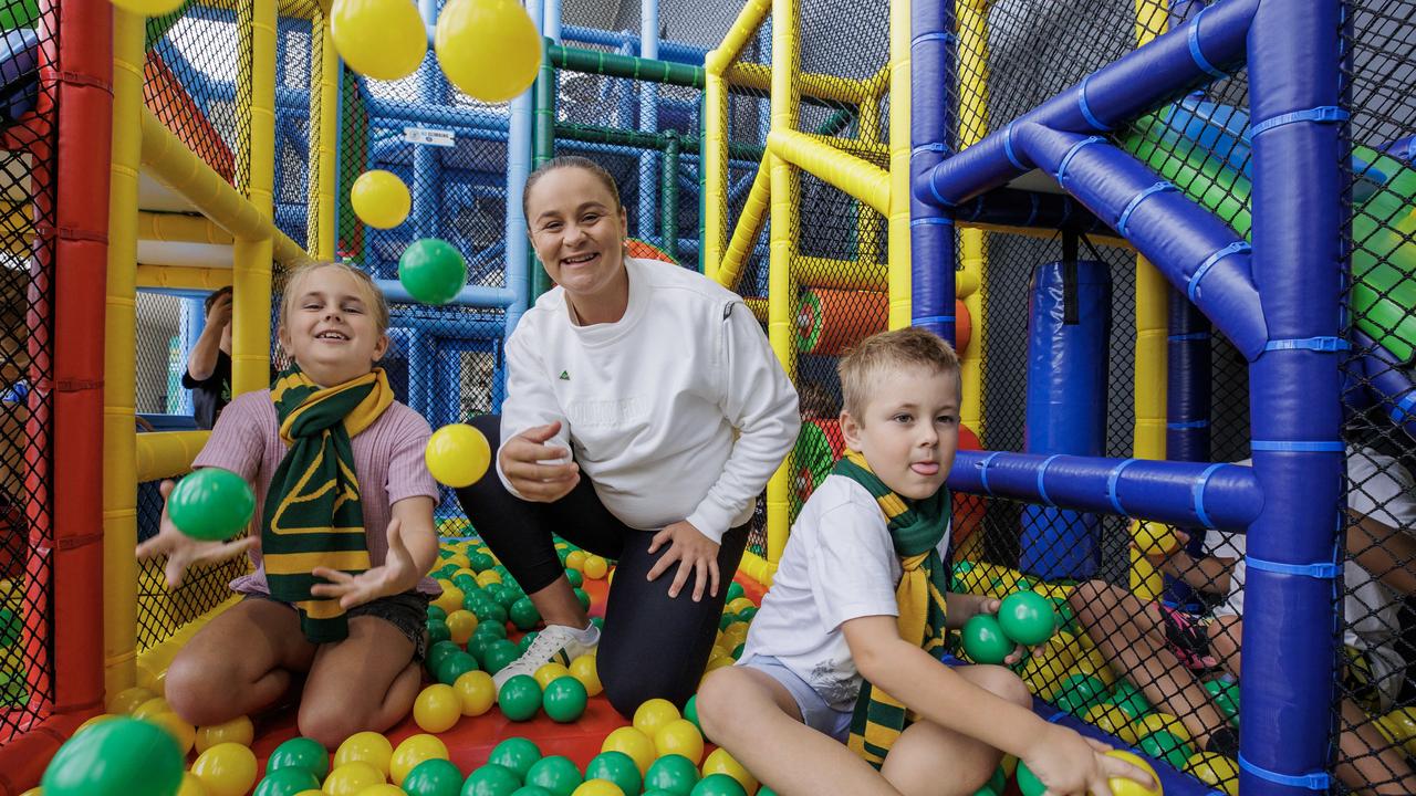 Former tennis champion and Australian Made ambassador Ash Barty with siblings Maddison 9, and Kobe Holland 6, at the launch of Australian Made Week at MJ Playgrounds in Coolum Beach industrial estate. Picture: Lachie Millard