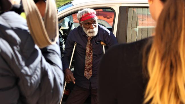 Warlpiri elder Ned Jampijinpa Hargraves outside the Alice Springs Local Court last year during the inquest into Kumanjayi Walker’s death. Picture: Jason Walls