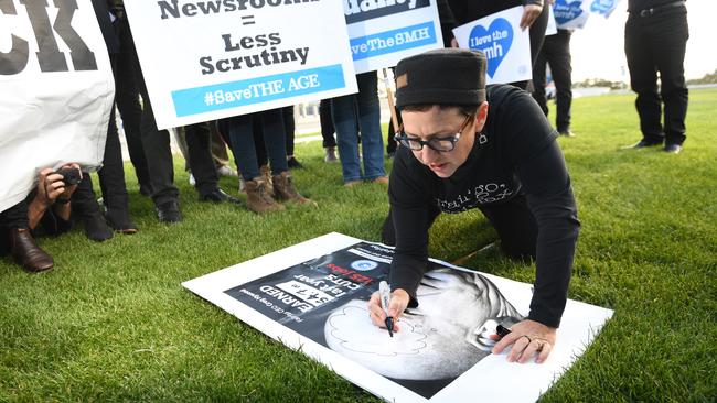 Fairfax cartoonist Cathy Wilcox at a protest by Fairfax journalists in Canberra last year. Picture: AAP