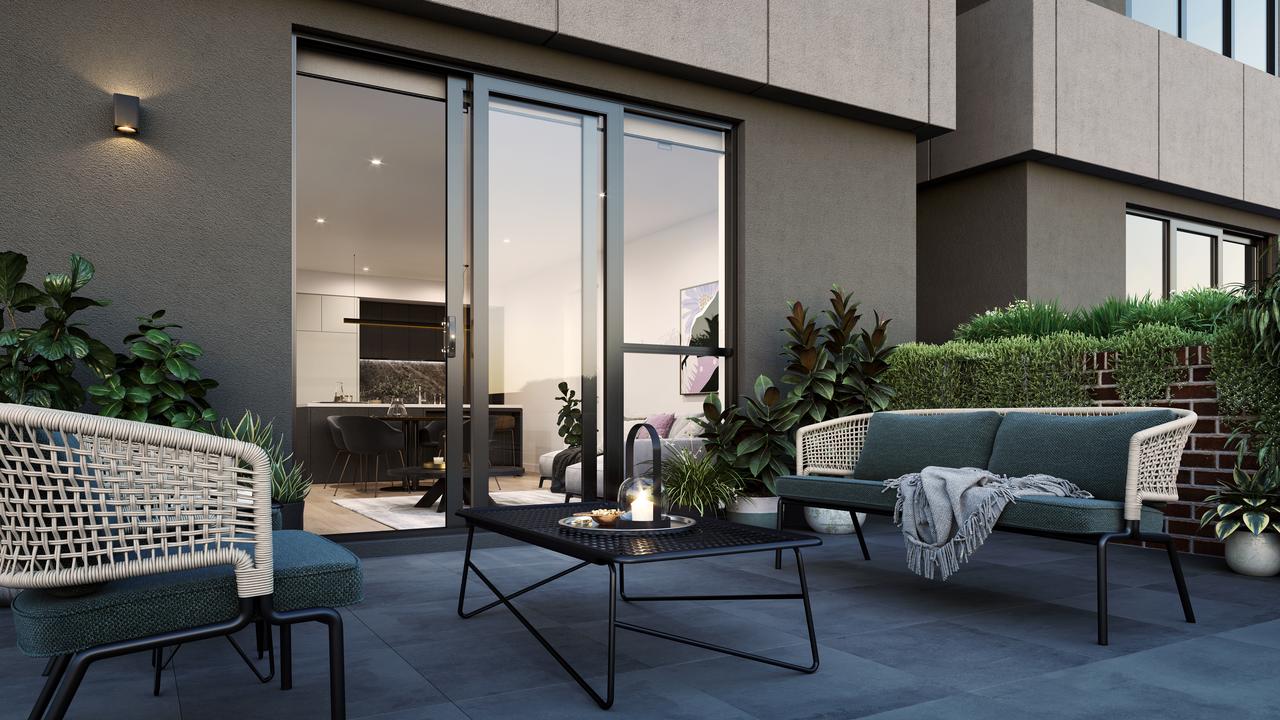 A rendering of one of the apartment balconies.