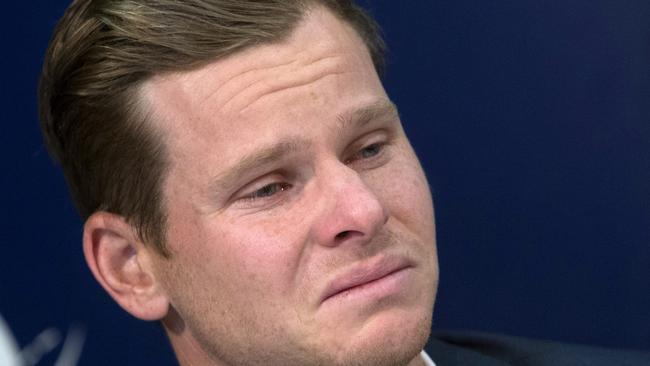 Former Australian cricket captain Steve Smith was visibly upset when addressing the media about the ball-tampering plan that unravelled in South Africa. (Pic: Steve Christo)