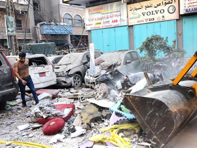 Debris from a residential building whose top two floors were hit by an Israeli strike in the Ghobeiri area of Beirut's southern suburbs. Picture: AFP.