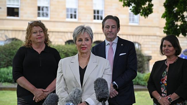 Hobart Lord Mayor Anna Reynolds, Glenorchy Mayor Sue Hickey, Clarence Mayor Brendan Blomeley and Kingborough Mayor Paula Wriedt speak to the media on Parliament Lawns in Hobart on Wednesday, November 13, 2024.