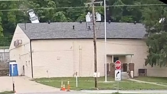 The driver suffered a medical emergency and crashed into the veterans hall roof. Picture: FOX4 Kansas City