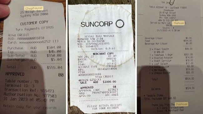 Receipts tendered to the Federal Court for services Mr Auerbach alleges Seven paid for to the benefit of Bruce Lehrmann.