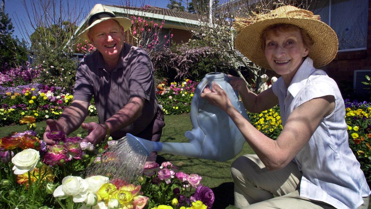 Toowoomba Carnival of Flowers is still going ahead despite the Level 4 Water Restricition – Champion of the Floral Display John and Cheryl Ganzer. Picture: David Martinelli.