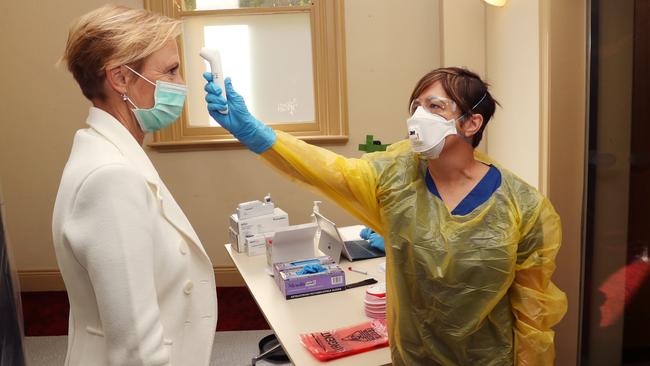 MP Katie Allen at pop-up corona testing clinic in Prahran, Melbourne, on Wednesday. Picture: David Crosling