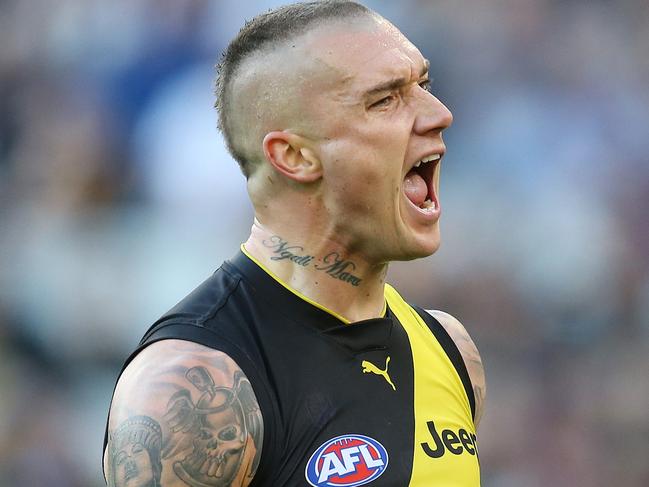 AFL Round 9. 19/05/2019.  Richmond v Hawthorn at the MCG.   Richmonds Dustin Martin  celebrates a goal in the 2nd quarter    . Pic: Michael Klein.