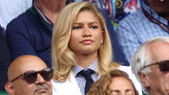 LONDON, ENGLAND - JULY 14: Zendaya looks on during the Gentlemen's Singles Final between Novak Djokovic of Serbia and Carlos Alcaraz of Spain during day fourteen of The Championships Wimbledon 2024 at All England Lawn Tennis and Croquet Club on July 14, 2024 in London, England. (Photo by Clive Brunskill/Getty Images)