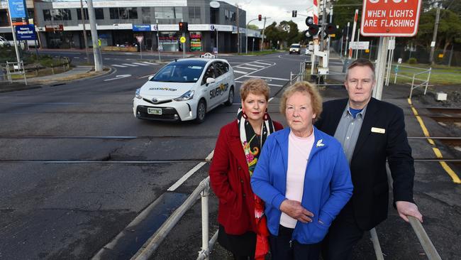 Maroondah Cr Kylie Spears, Elwynne Kift and Cr Mike Symon are calling for upgrades to fix the crossing. Picture: Josie Hayden