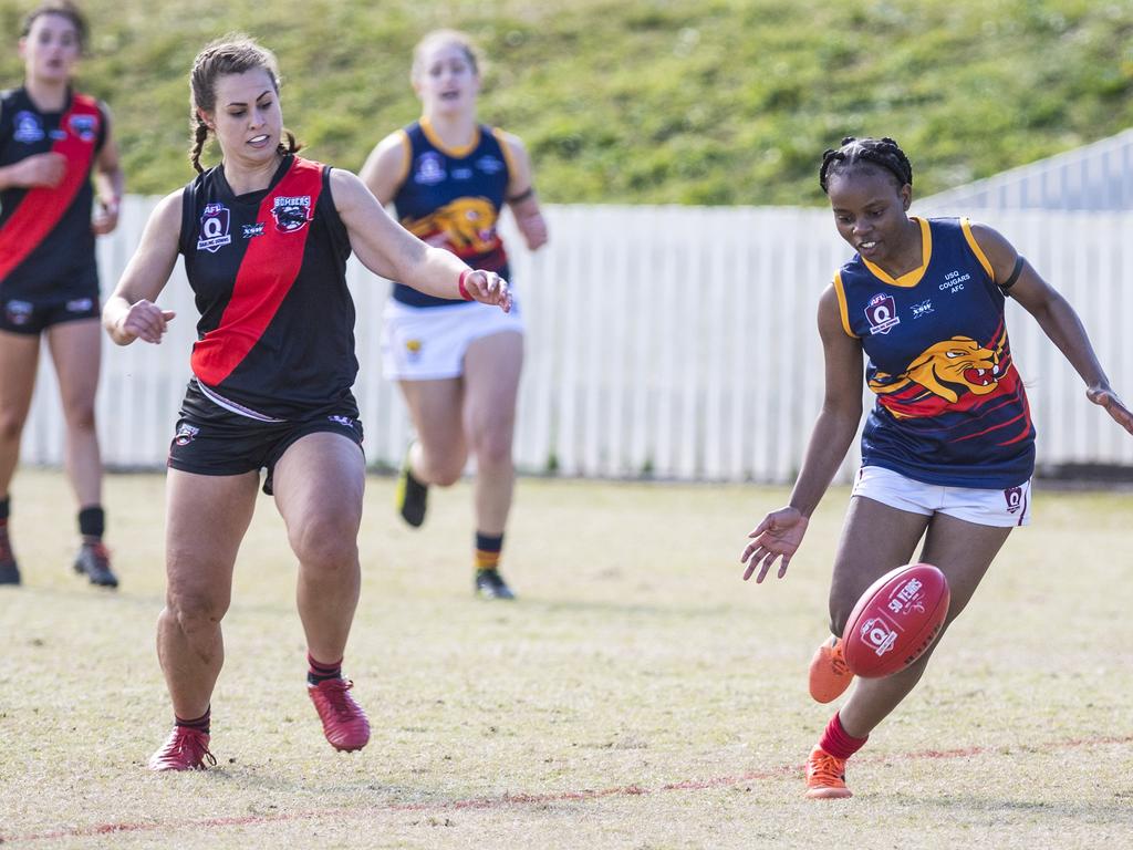 Nyengela Mwajuma gets to the ball for University against South Toowoomba in AFL Darling Downs senior women's round 9 at Heritage Oval, Saturday, June 19, 2021. Picture: Kevin Farmer