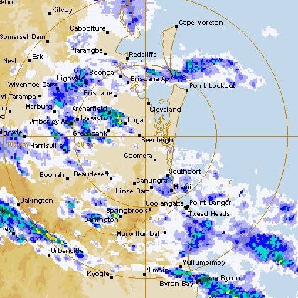 The Bureau of Meteorology 128 km Brisbane (Mt Stapylton) Radar Loop at about 9.45am on Monday. Picture: BOM