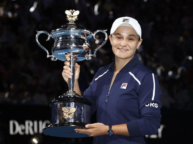 MARCH 23, 2022: World number 1 and three-time Grand Slam winner Ash Barty has announced her retirement from tennis at the age of 25. MELBOURNE, AUSTRALIA - JANUARY 29: Ashleigh Barty of Australia poses with the Daphne Akhurst Memorial Cup after winning her WomenÃ¢â¬â¢s Singles Final match against Danielle Collins of United States during day 13 of the 2022 Australian Open at Melbourne Park on January 29, 2022 in Melbourne, Australia.  (Photo by Darrian Traynor/Getty Images)