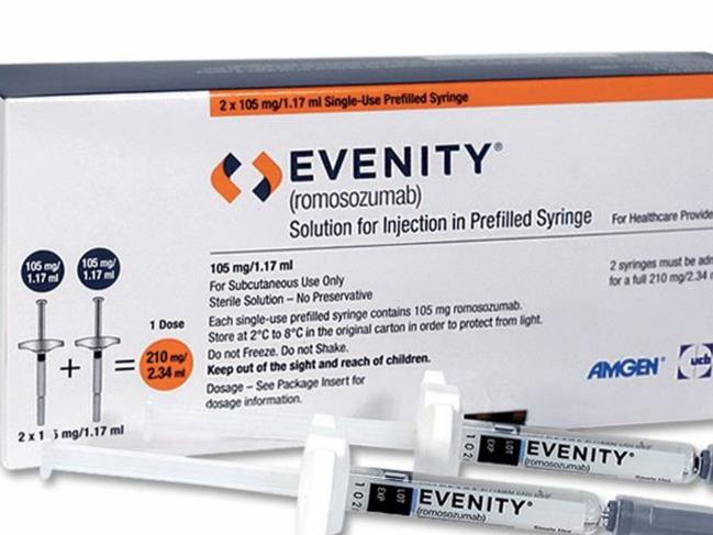 Osteoporosis medication, EVENITY (Romosozumab). EVENITY is a sclerostin inhibitor that is for the treatment of osteoporosis in postmenopausal women at high risk for fracture, defined as a history of osteoporotic fracture, or multiple risk factors for fracture or patients who have failed or are intolerant to other available osteoporosis therapy. There is a Black Box Warning for this drug is Canada and the US. Picture: Supplied