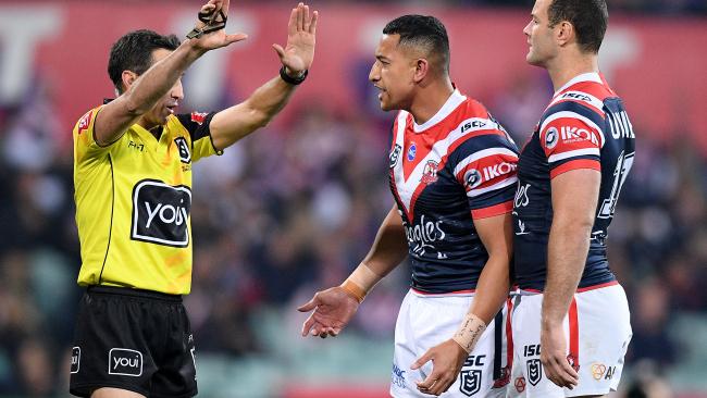 Taukeiaho is sent to the sin bin by referee Gerard Sutton. Picture: Dan Himbrechts