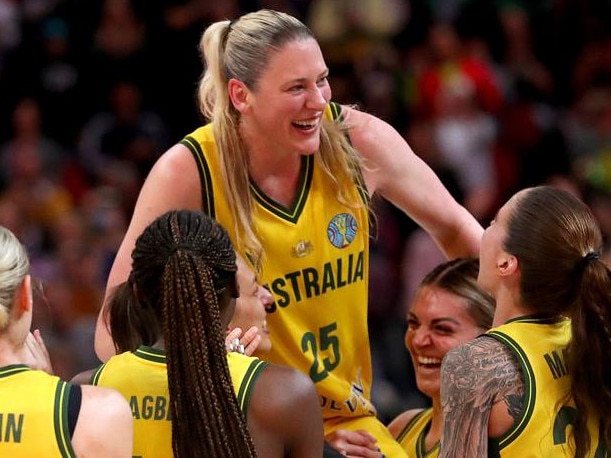 SYDNEY, AUSTRALIA - OCTOBER 01: Lauren Jackson of Australia celebrates with team mates after playing her final Opals game during the 2022 FIBA Women's Basketball World Cup 3rd place match between Canada and Australia at Sydney Superdome, on October 01, 2022, in Sydney, Australia. (Photo by Kelly Defina/Getty Images)