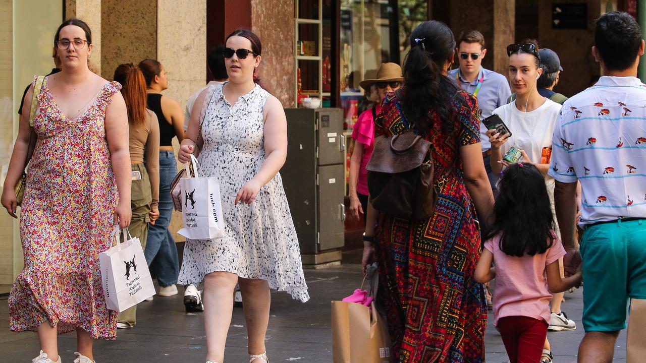 Shoppers in Sydney’s Pitt Street Mall during January, where mask-wearing has become increasingly uncommon as people move on from the pandemic. Picture: NCA NewsWire / Gaye Gerard