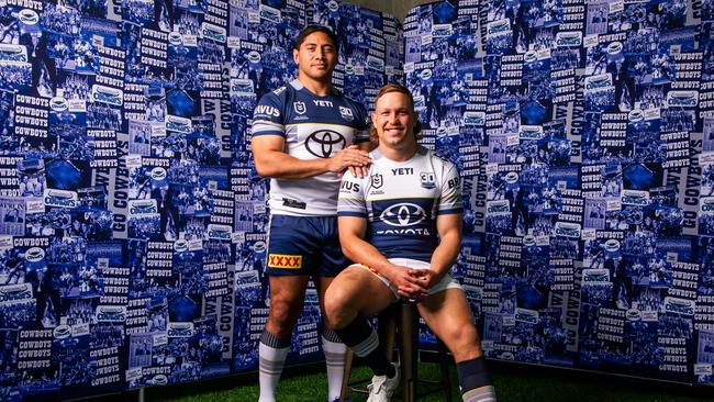 Jason Taumalolo and Reuben Cotter in the 2025 home and away jerseys.