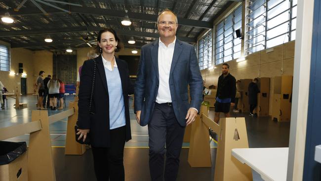 Current Fairfax MP Ted O’Brien with wife Sophia after casting their vote in the 2022 election at Peregian Springs State School. Picture: Lachie Millard