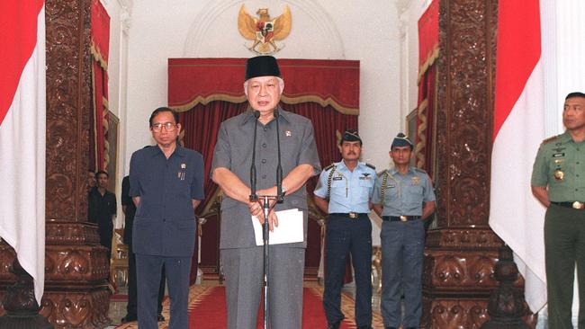 President Suharto announces his retirement in 1998. Picture: Getty Images