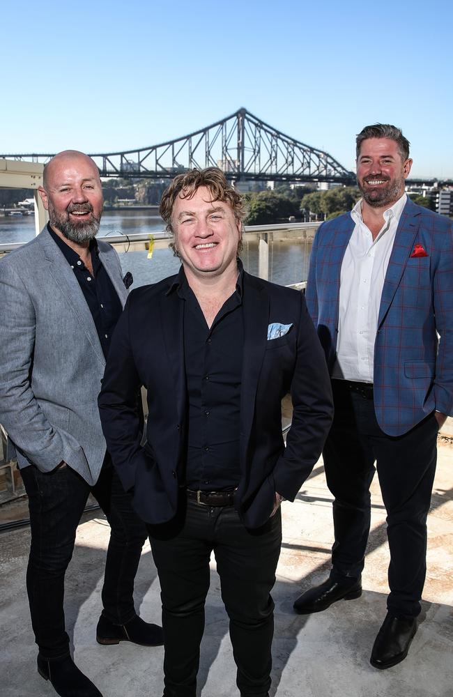 Adrian Richardson (centre) with Chris Higgins and Liam McMahon are opening new restaurants in Brisbane. Picture: Zak Simmonds