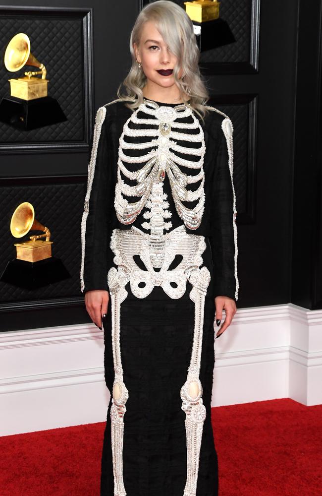 Phoebe Bridgers in a glammed-up version of her trademark skeleton suit. Picture: Getty