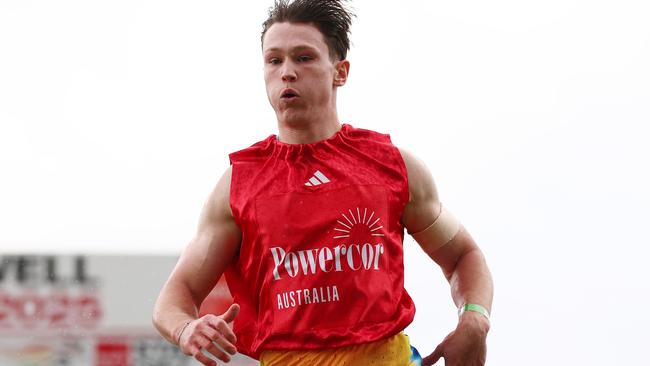 STAWELL, AUSTRALIA - APRIL 21: Lachlan Kennedy competes in the Powercor Stawell Gift 120m Semi Final 1 during the 2025 Stawell Gift at Central Park on April 21, 2025 in Stawell, Australia. (Photo by Morgan Hancock/Getty Images)