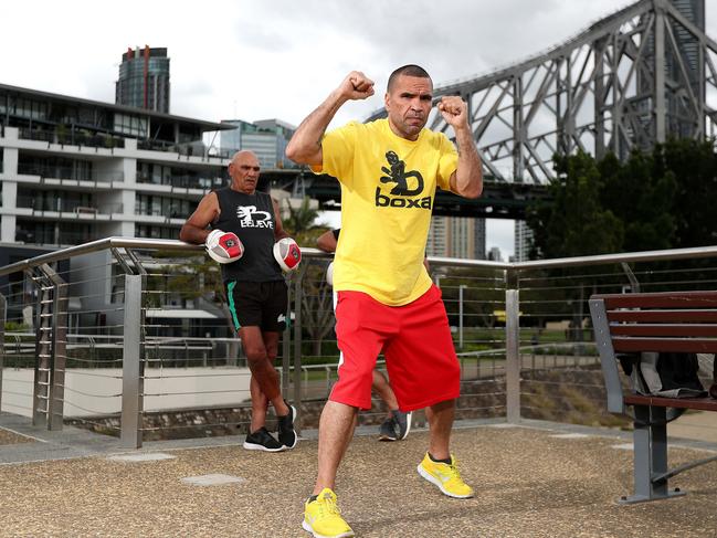 Anthony Mundine training in Brisbane with his father Tony. Pic Peter Wallis