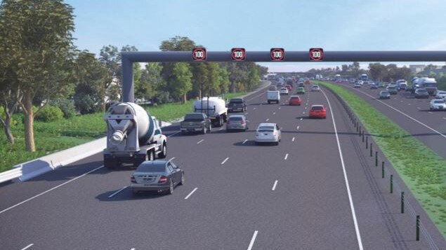 An artist’s impression of the new M4 traffic gantries, which will display speed limits and real-time traffic information. Picture: Roads and Maritime Services