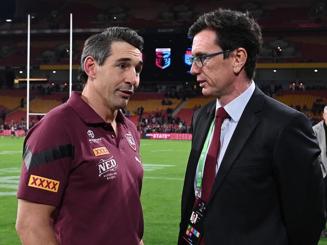 (L-R) Billy Slater head coach of the Maroons speaks to Ben Ikin, Queensland Rugby League CEO following the game. Picture: Getty Images