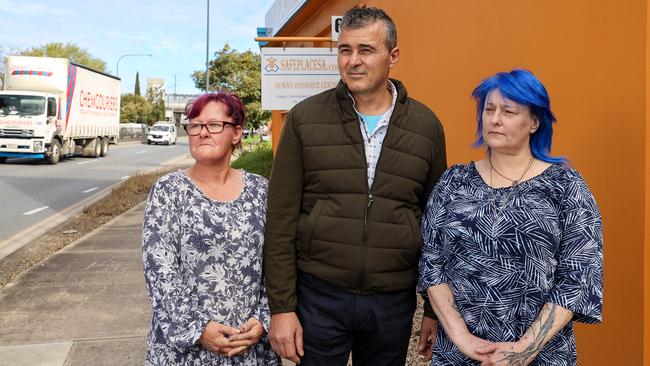 Safe Place SA human resource executive Peter Kartabani with Terrie Connole and Virginia Mildren in front of their premises on South Rd, Glandore. Picture: Russell Millard