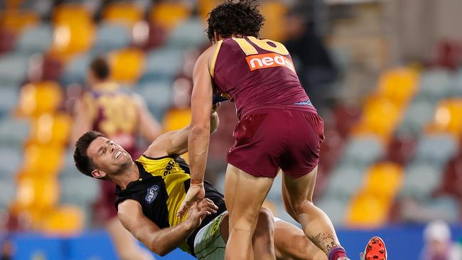 In pictures: The moment Cam Rayner took down Trent Cotchin. Picture: Michael Klein