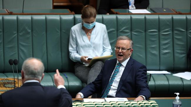 Prime Minister Scott Morrison with the Opposition Leader Anthony Albanese face off during Question Time. Picture: NCA NewsWire / Gary Ramage