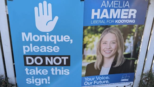 A sign for Amelia Hamer kindly asking Monique Ryan to leave them alone. Picture: Twitter/Liberal Party