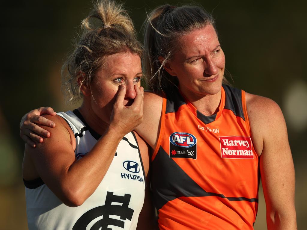 Carlton’s Katie Loynes shows her emotions at the end of her final game. Picture: Mark Metcalfe/Getty Images