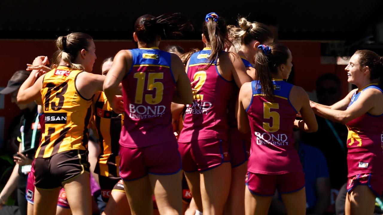 Hawthorn and Brisbane players fought after the siren as both clubs await the outcome of a league investigation into the qualifying final incident. Picture: Michael Willson / Getty Images