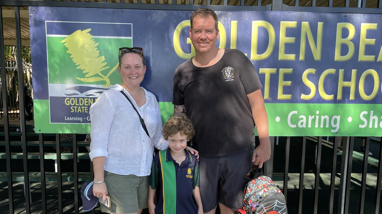 Angela, Oliver, and John on Oliver's first day of school at Golden Beach State School. Picture: Iwan Jones