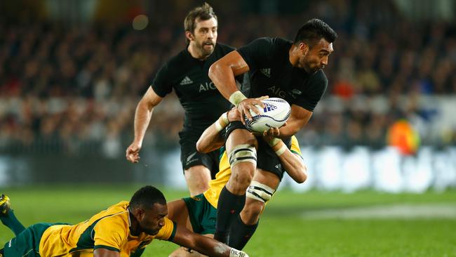 Victor Vito of the All Blacks is tackled at Eden Park on August 15.